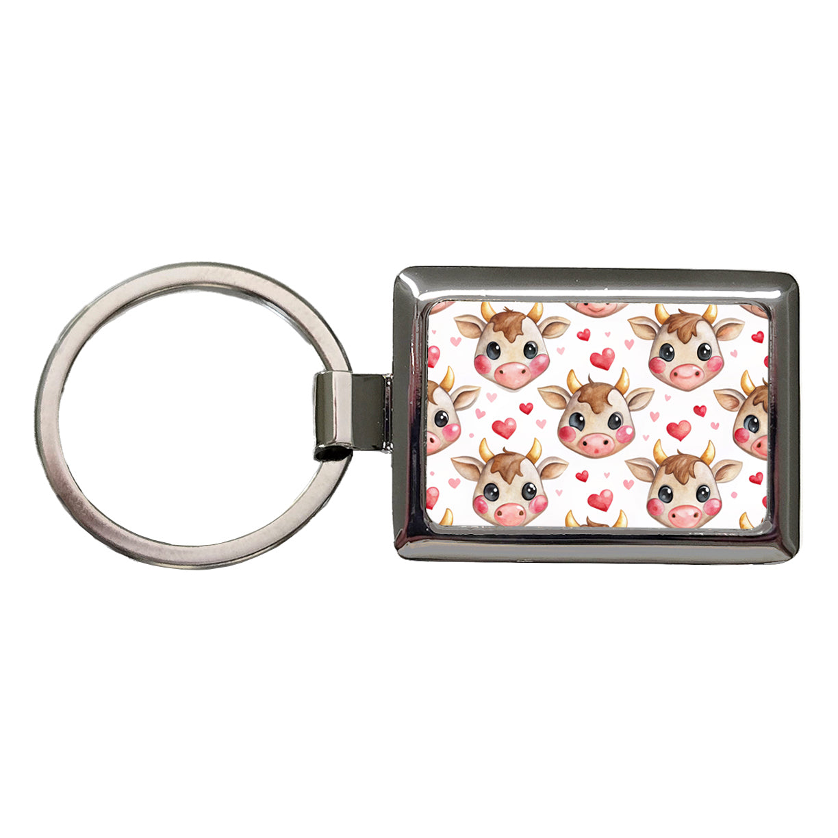 Cute Cow Faces Hearts Watercolor Rectangle Metal Keychain