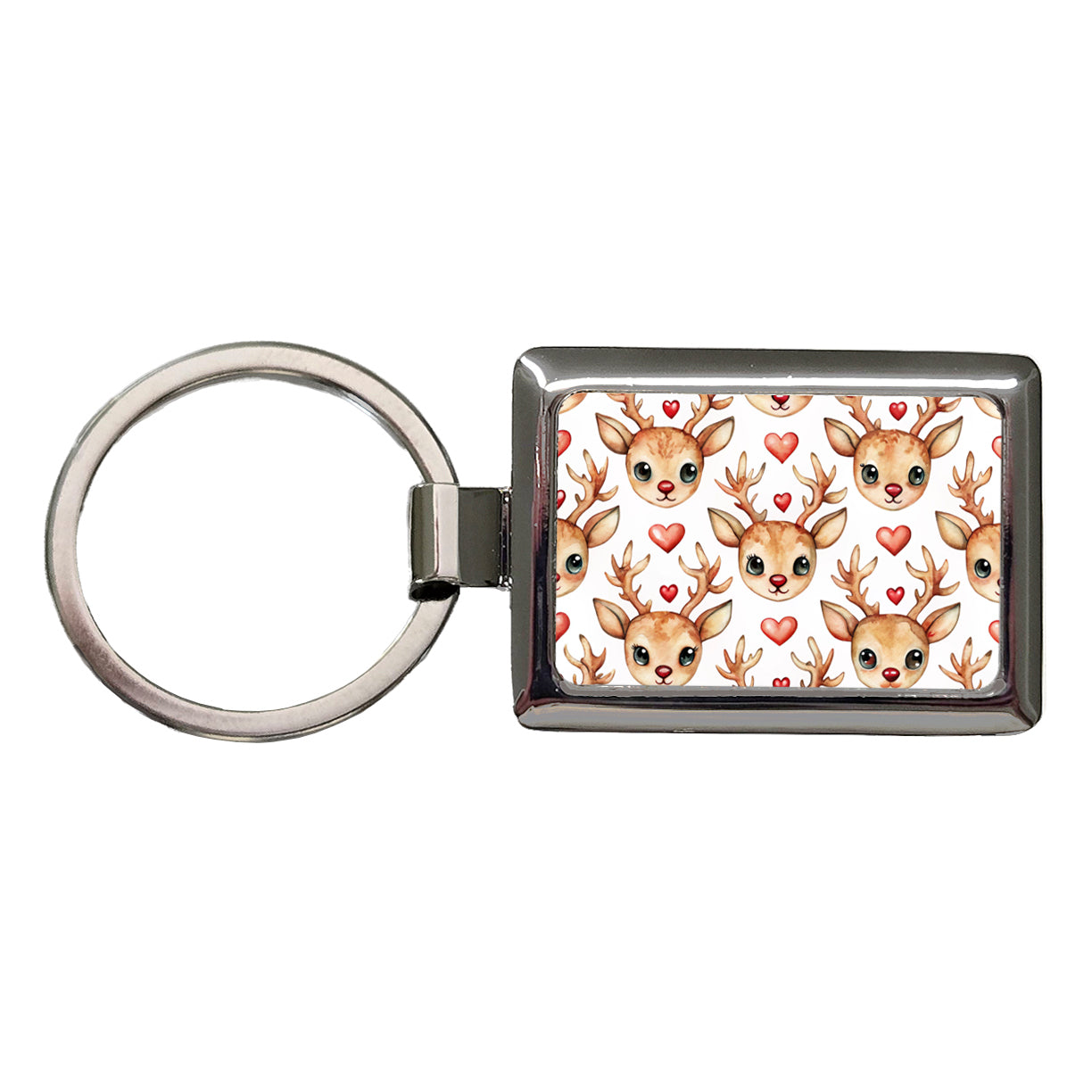 Cute Deer Faces Hearts Watercolor Rectangle Metal Keychain