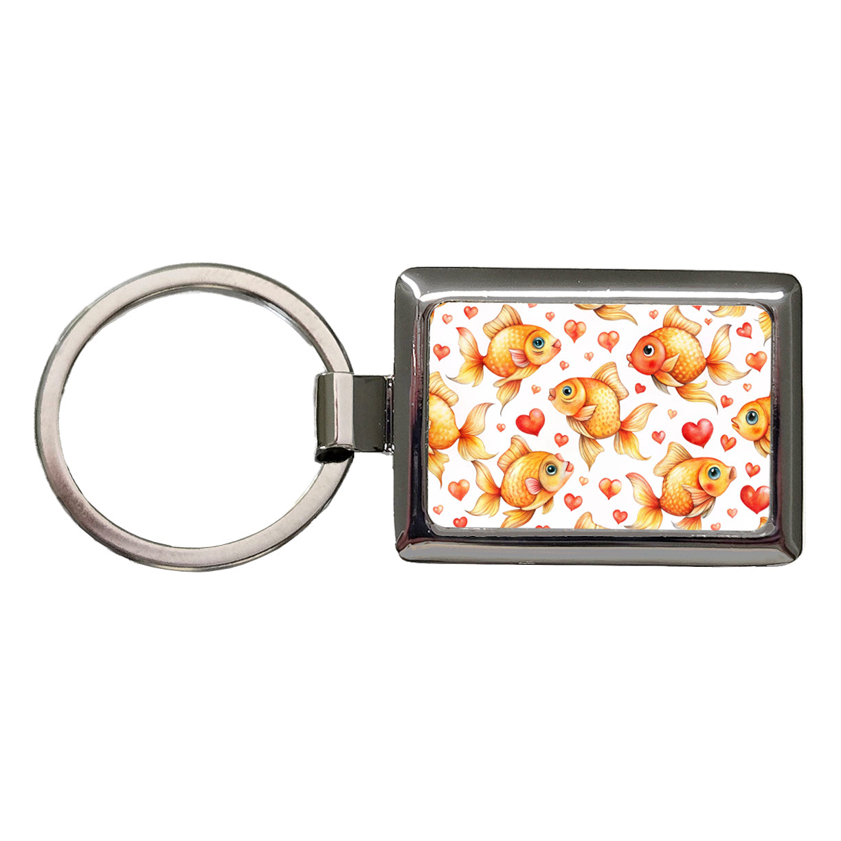 Cute Gold Fish Hearts Watercolor Rectangle Metal Keychain