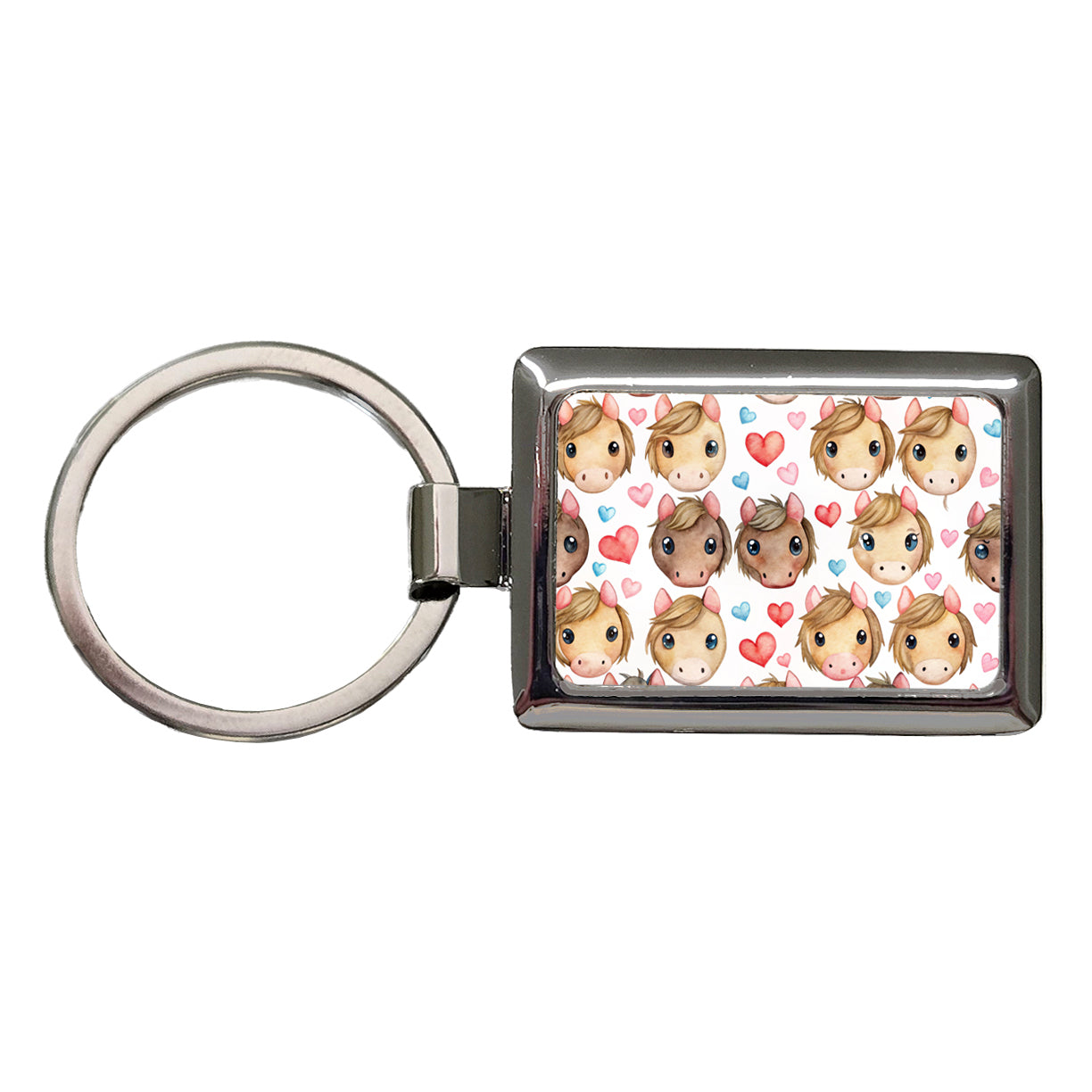 Cute Horse Faces Hearts Watercolor Rectangle Metal Keychain