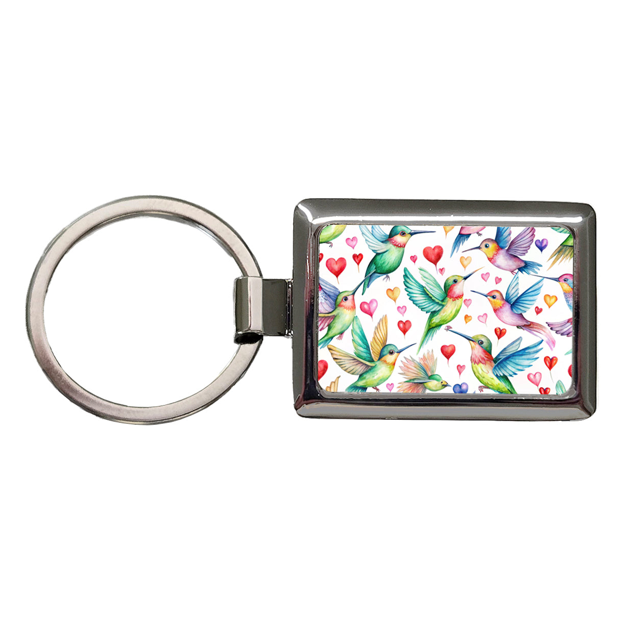 Cute Hummingbirds Hearts Watercolor Rectangle Metal Keychain
