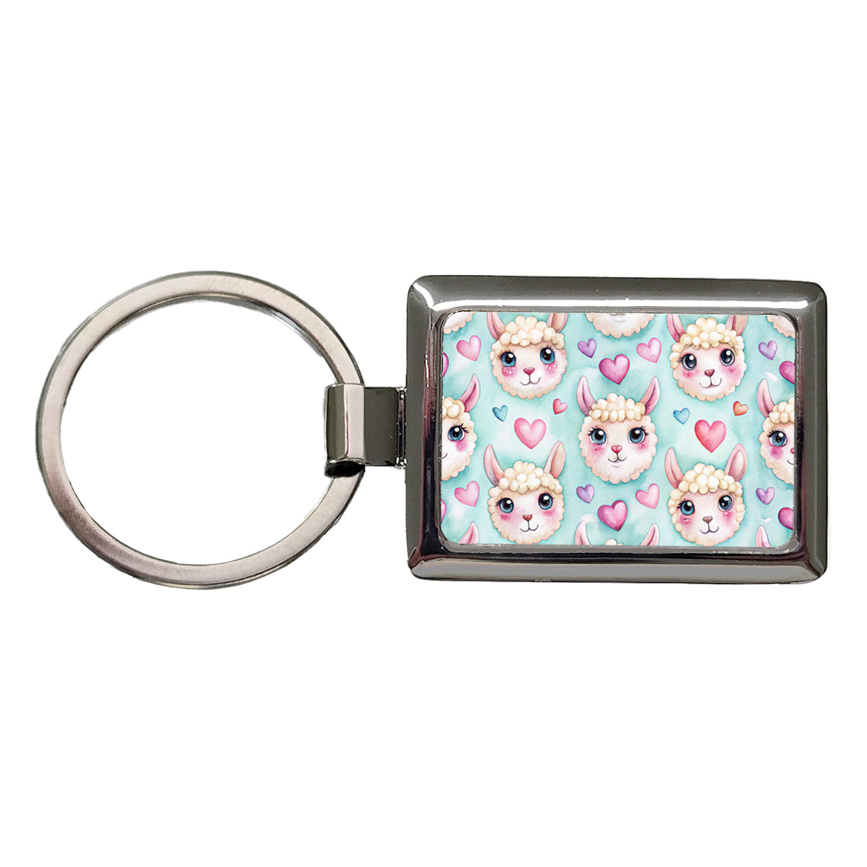 Cute Llama Faces Hearts Watercolor Rectangle Metal Keychain