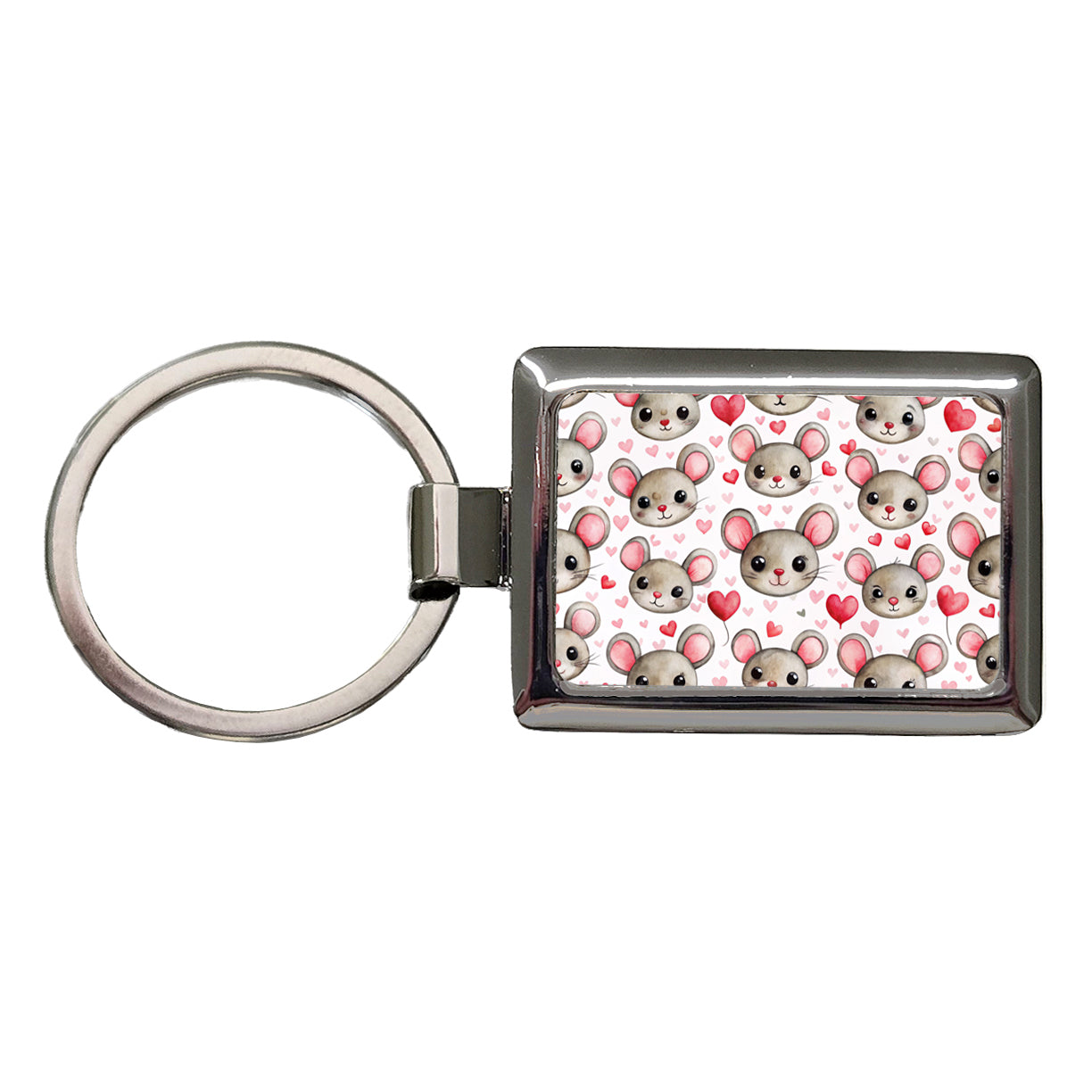 Cute Mouse Faces Hearts Watercolor Rectangle Metal Keychain
