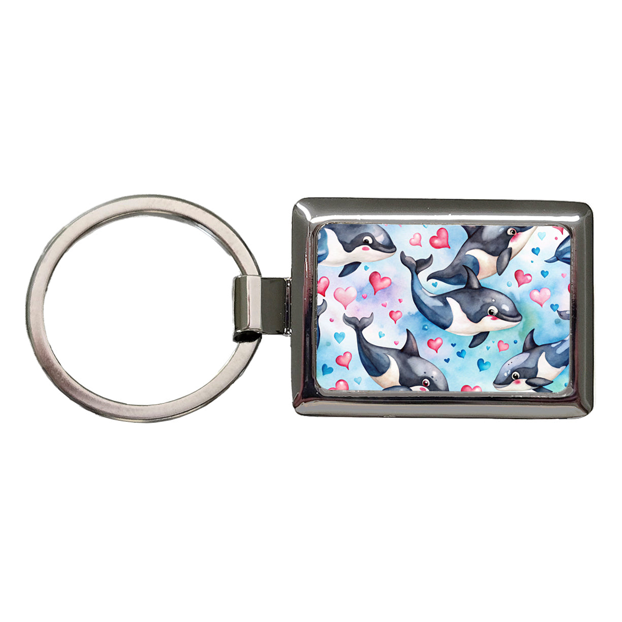 Cute Orcas Whales Hearts Watercolor Rectangle Metal Keychain