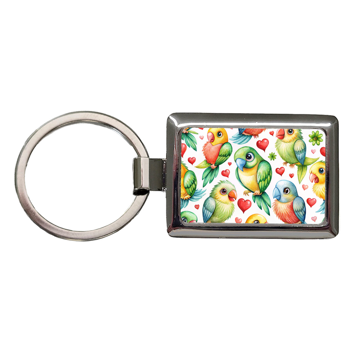Cute Parrots Hearts Watercolor Rectangle Metal Keychain