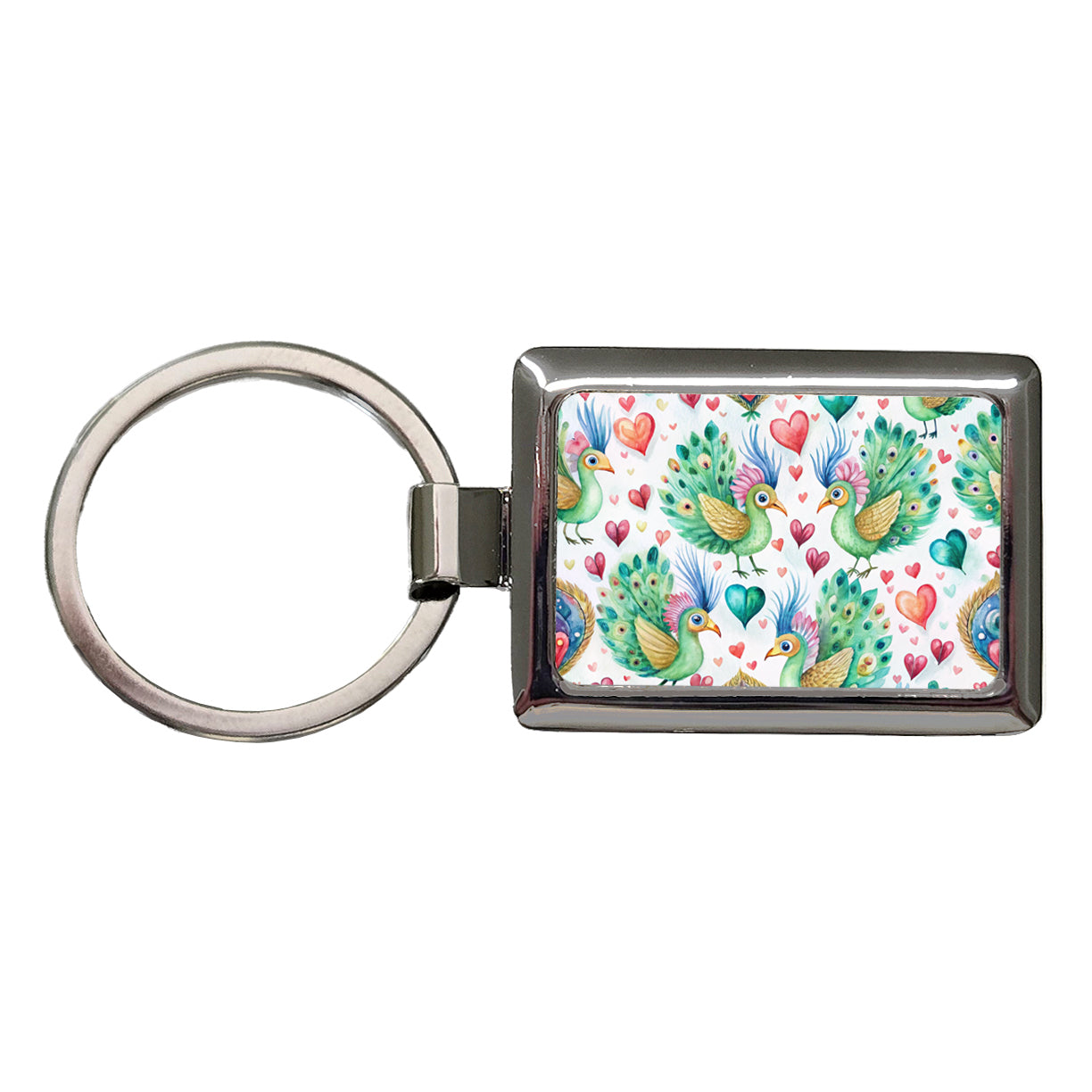 Cute Peacocks Hearts Watercolor Rectangle Metal Keychain