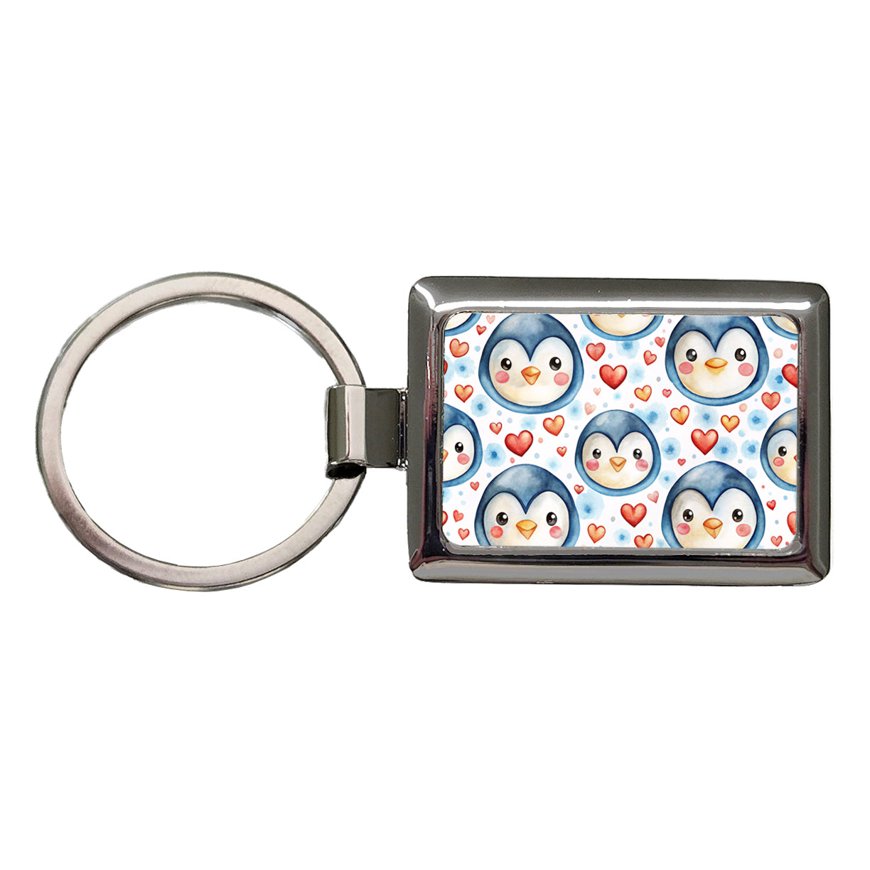 Cute Penguin Faces Hearts Watercolor Rectangle Metal Keychain