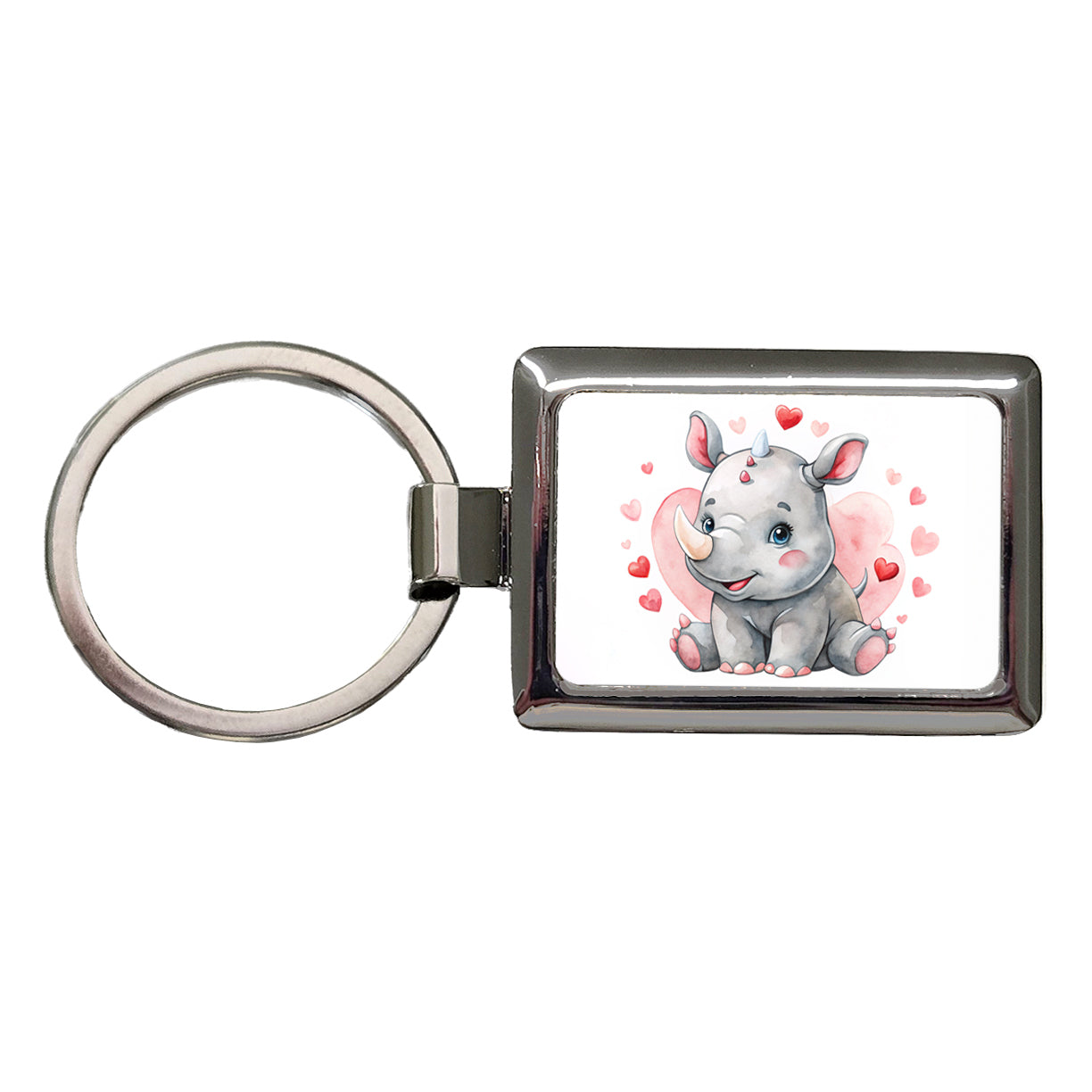 Cute Rhinoceros Hearts Watercolor Rectangle Metal Keychain