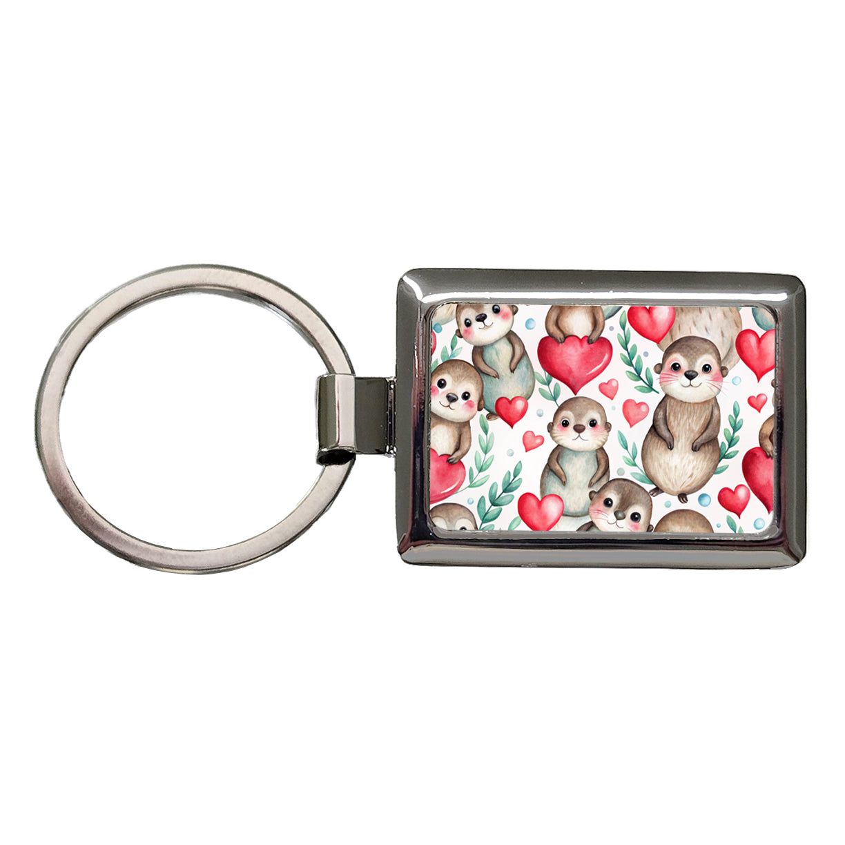 Cute River Otter Hearts Watercolor Rectangle Metal Keychain