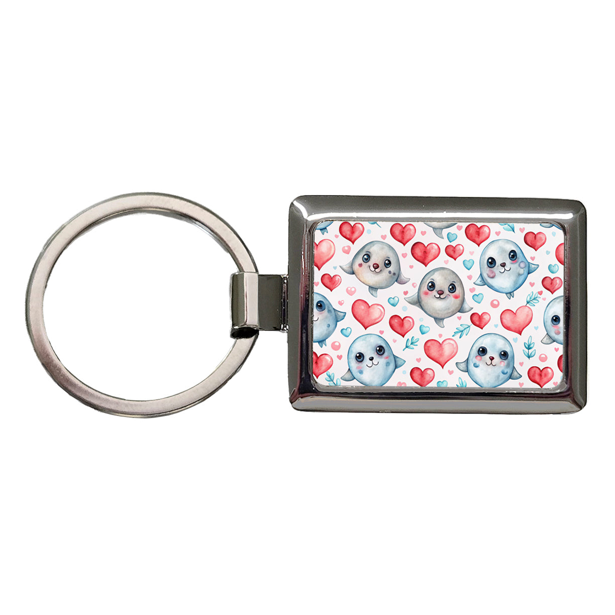 Cute Seals Hearts Watercolor Rectangle Metal Keychain