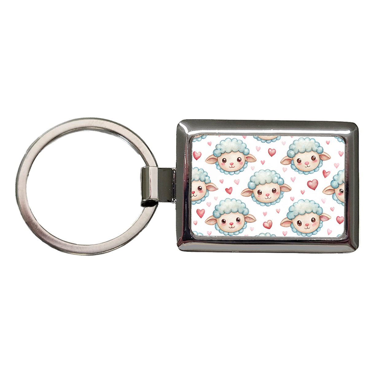 Cute Sheep Faces Hearts Watercolor Rectangle Metal Keychain