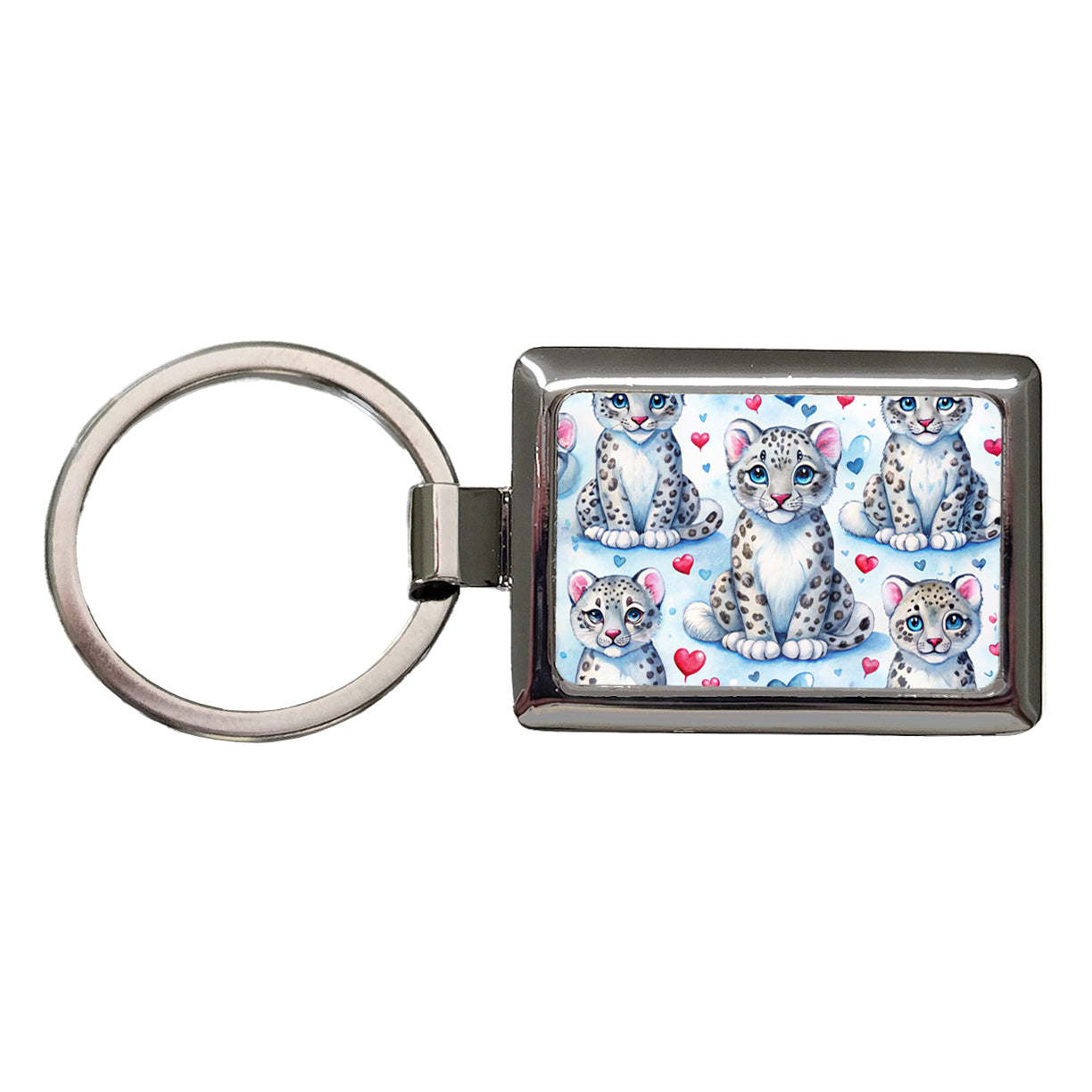 Cute Snow Leopard Hearts Watercolor Rectangle Metal Keychain