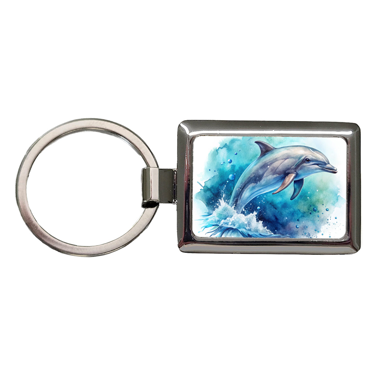 Dolphin In Ocean Watercolor Rectangle Metal Keychain