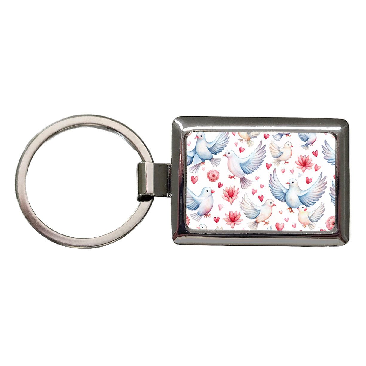 Doves Hearts Watercolor Rectangle Metal Keychain