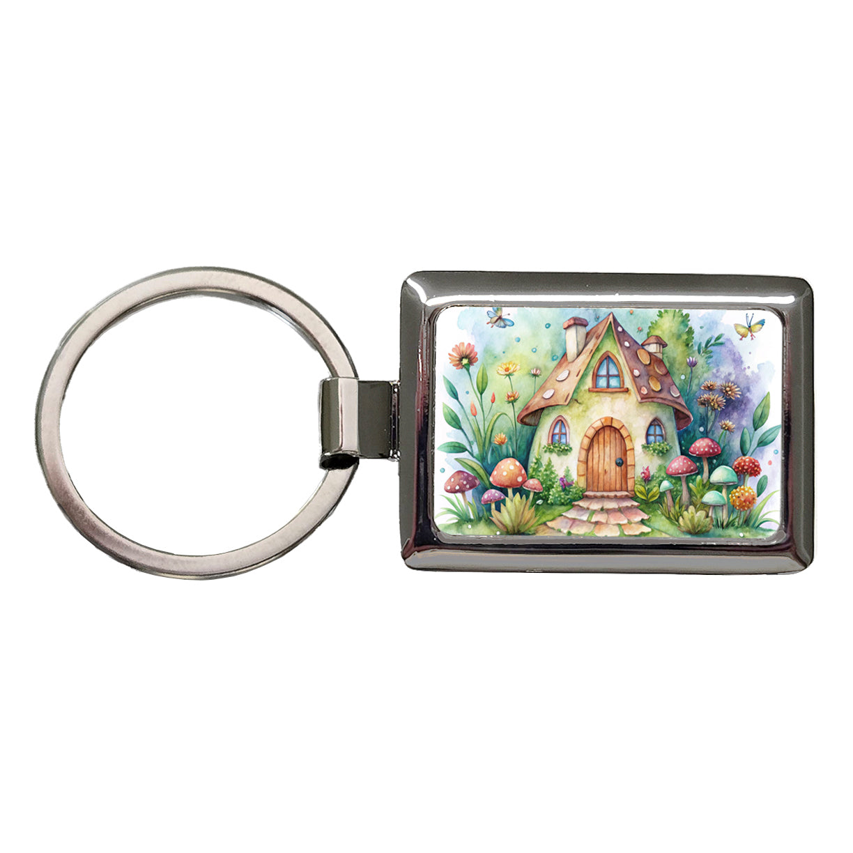 Fairy House Watercolor Rectangle Metal Keychain
