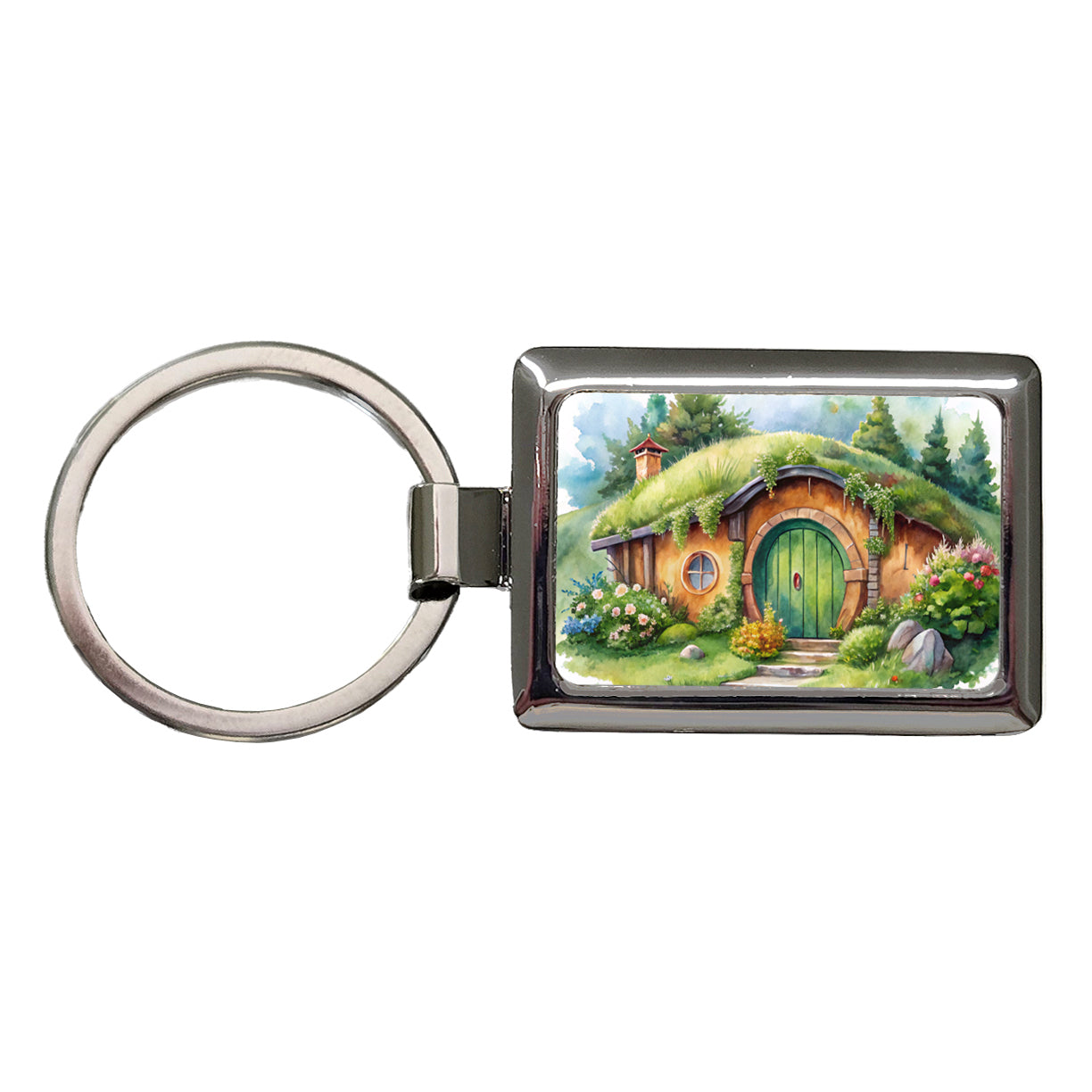 Fantasy House Grass Roof Watercolor Design Rectangle Metal Keychain