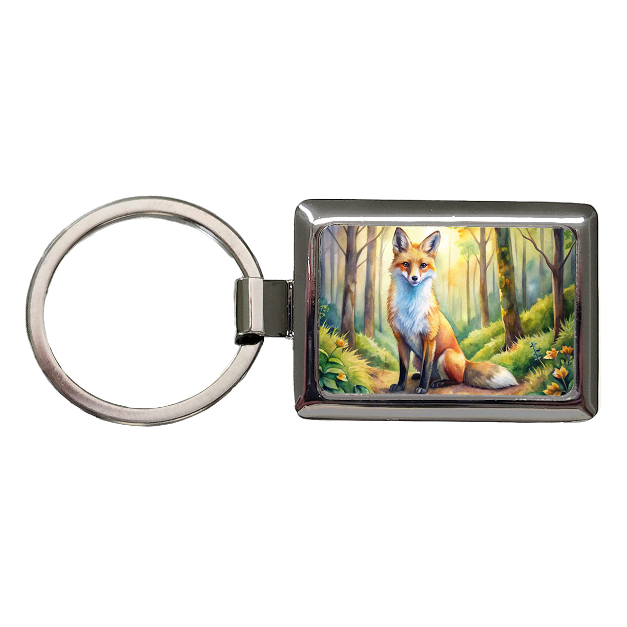 Fox Sitting In Forest Watercolor Rectangle Metal Keychain
