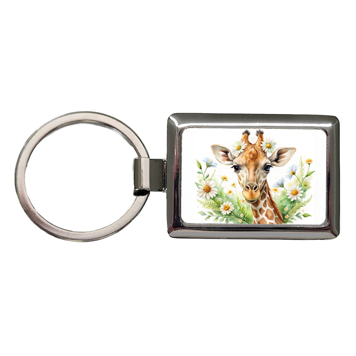 Giraffe Watercolor Design With Daisies Rectangle Metal Keychain