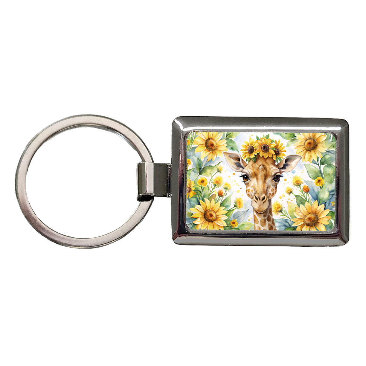 Giraffe Watercolor Design With Sunflowers Rectangle Metal Keychain
