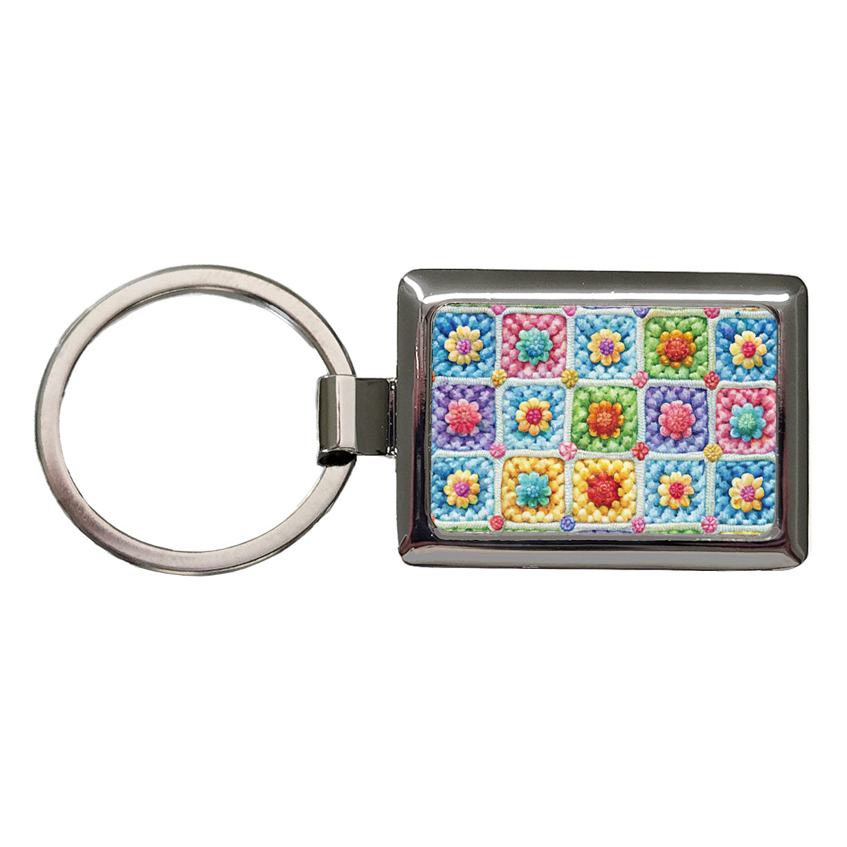 Granny Square Crochet Crocheting Pattern Watercolor Rectangle Metal Keychain
