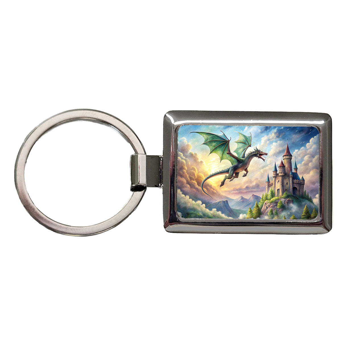 Green Dragon Flying Over Castle Watercolor Fantasy Rectangle Metal Keychain