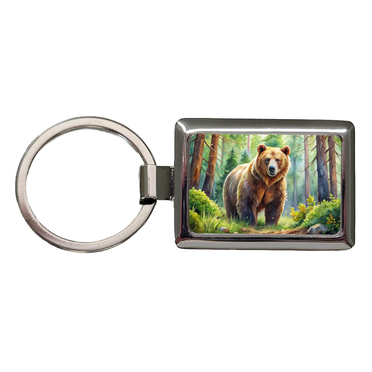 Grizzly Bear In Forest Watercolor Rectangle Metal Keychain