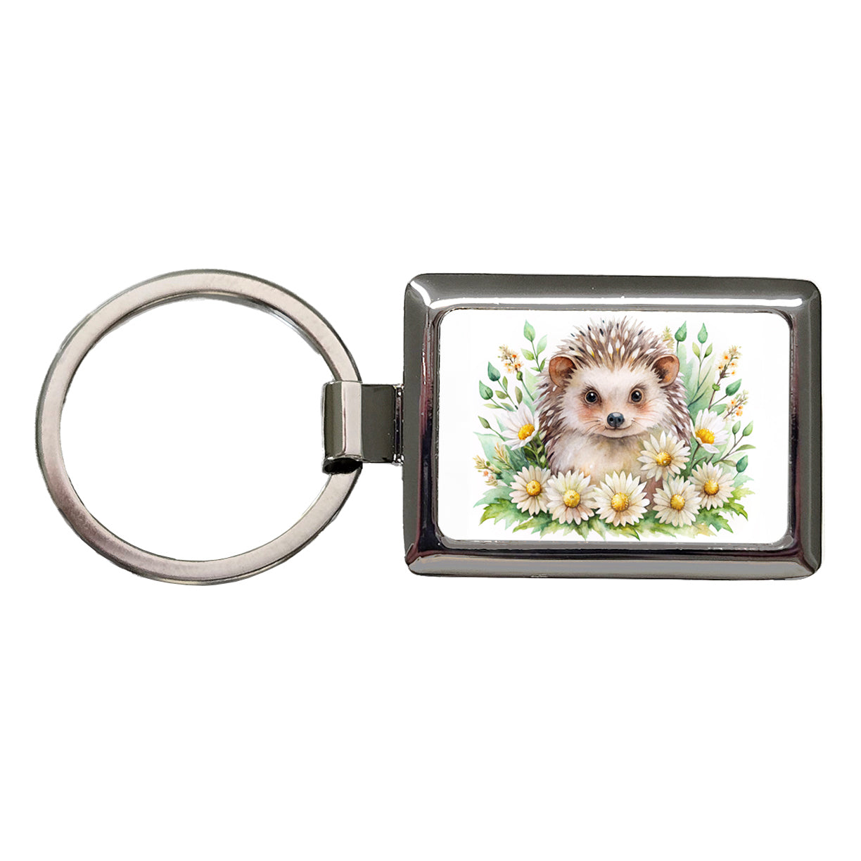 Hedgehog Watercolor Design With Daisies Rectangle Metal Keychain