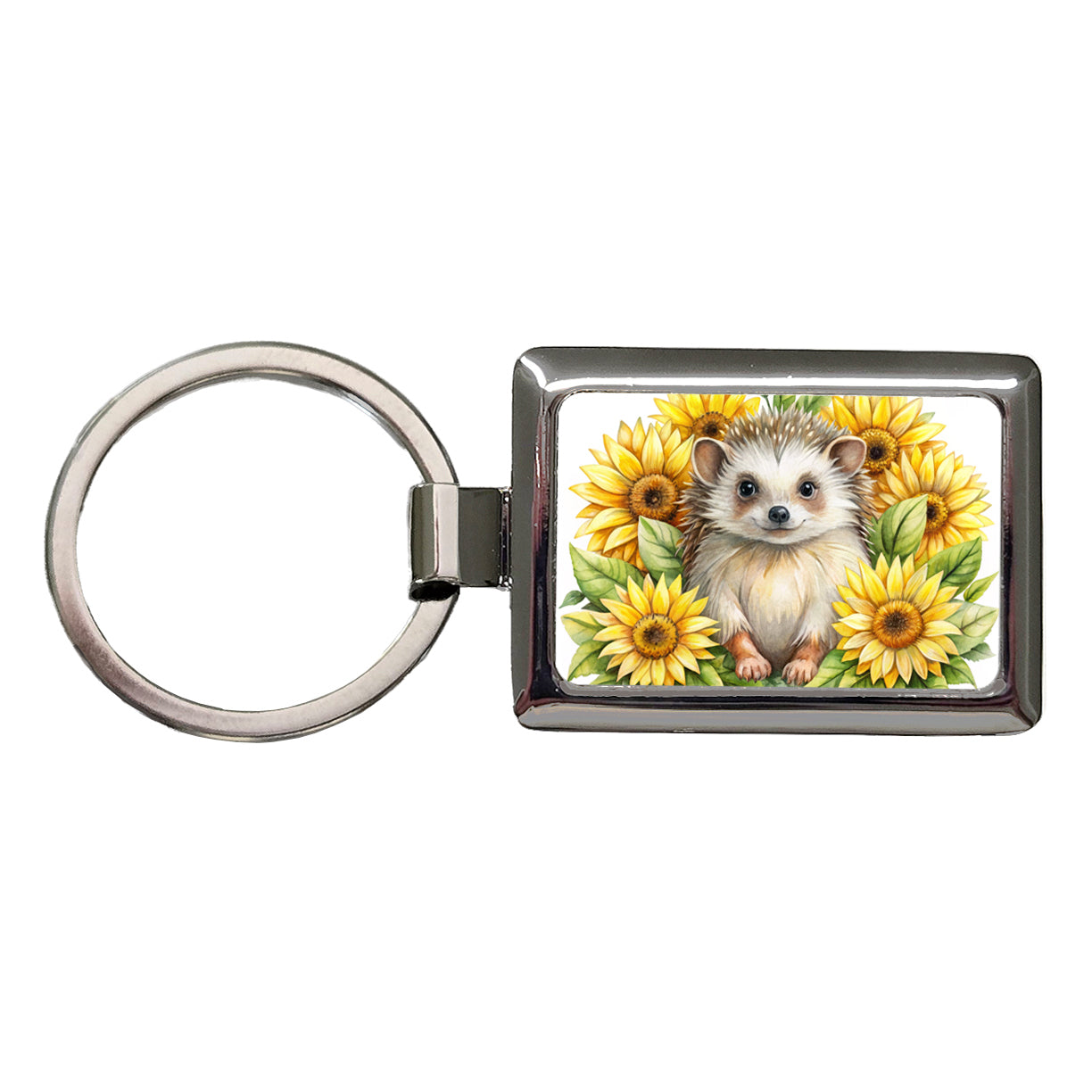 Hedgehog Watercolor Design With Sunflowers Rectangle Metal Keychain