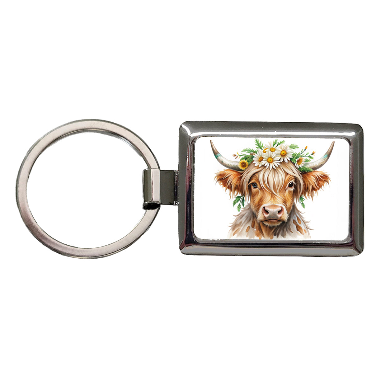 Highland Cow Watercolor Design With Daisies Rectangle Metal Keychain