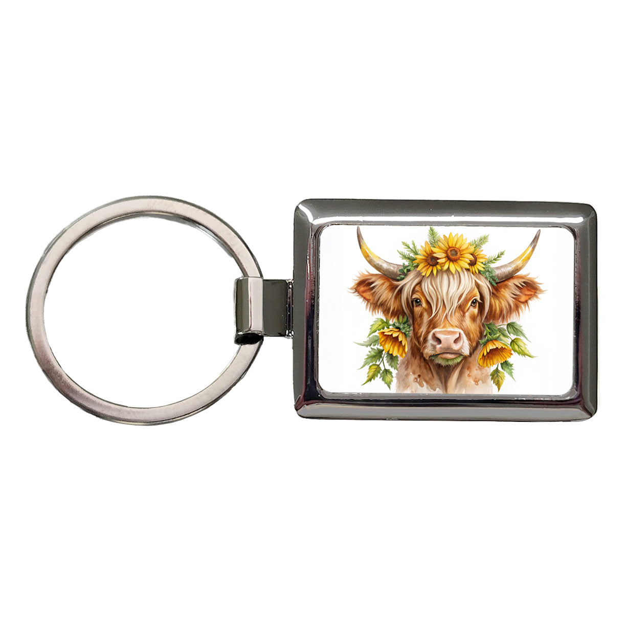 Highland Cow Watercolor Design With Sunflowers Rectangle Metal Keychain