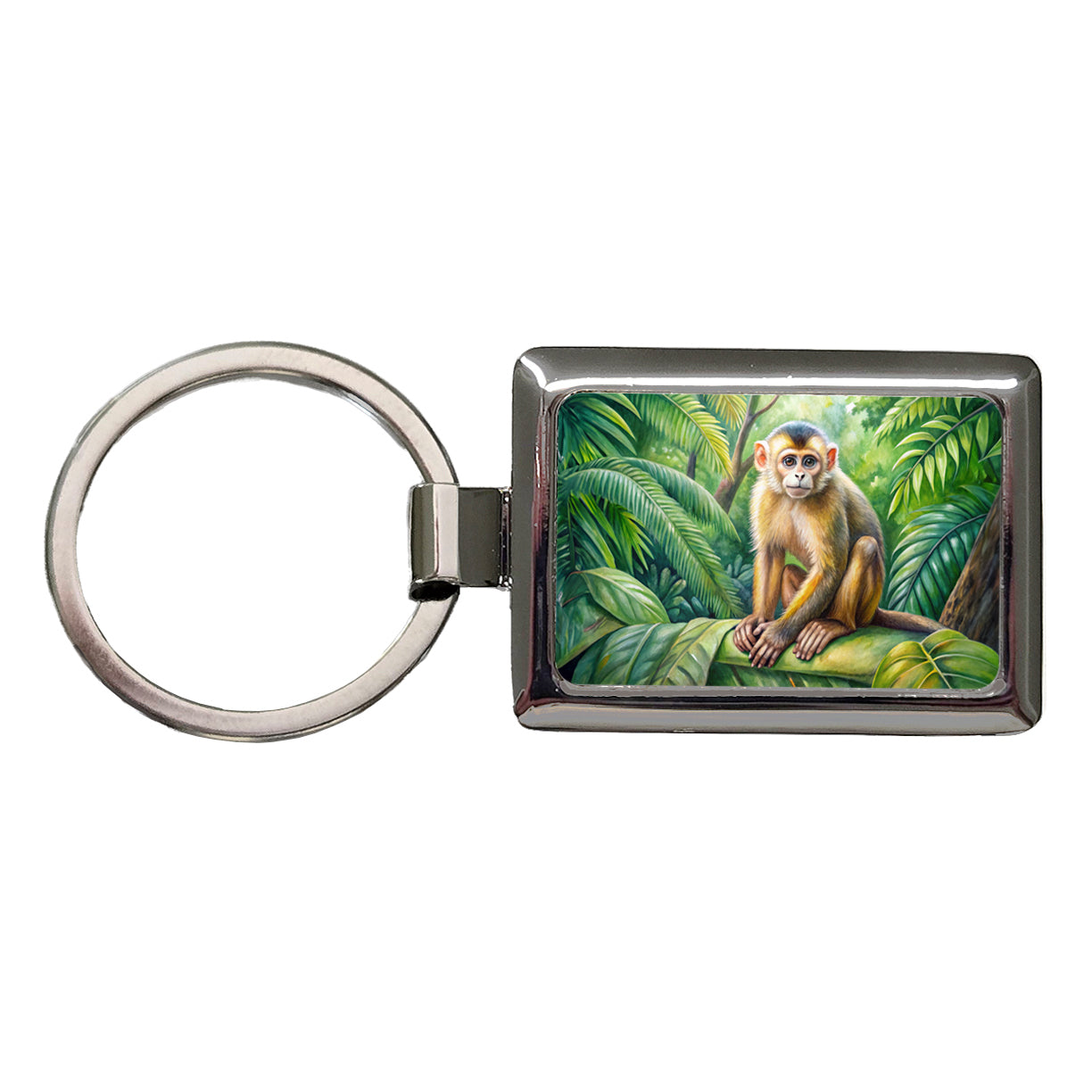 Monkey In Rainforest Watercolor Rectangle Metal Keychain