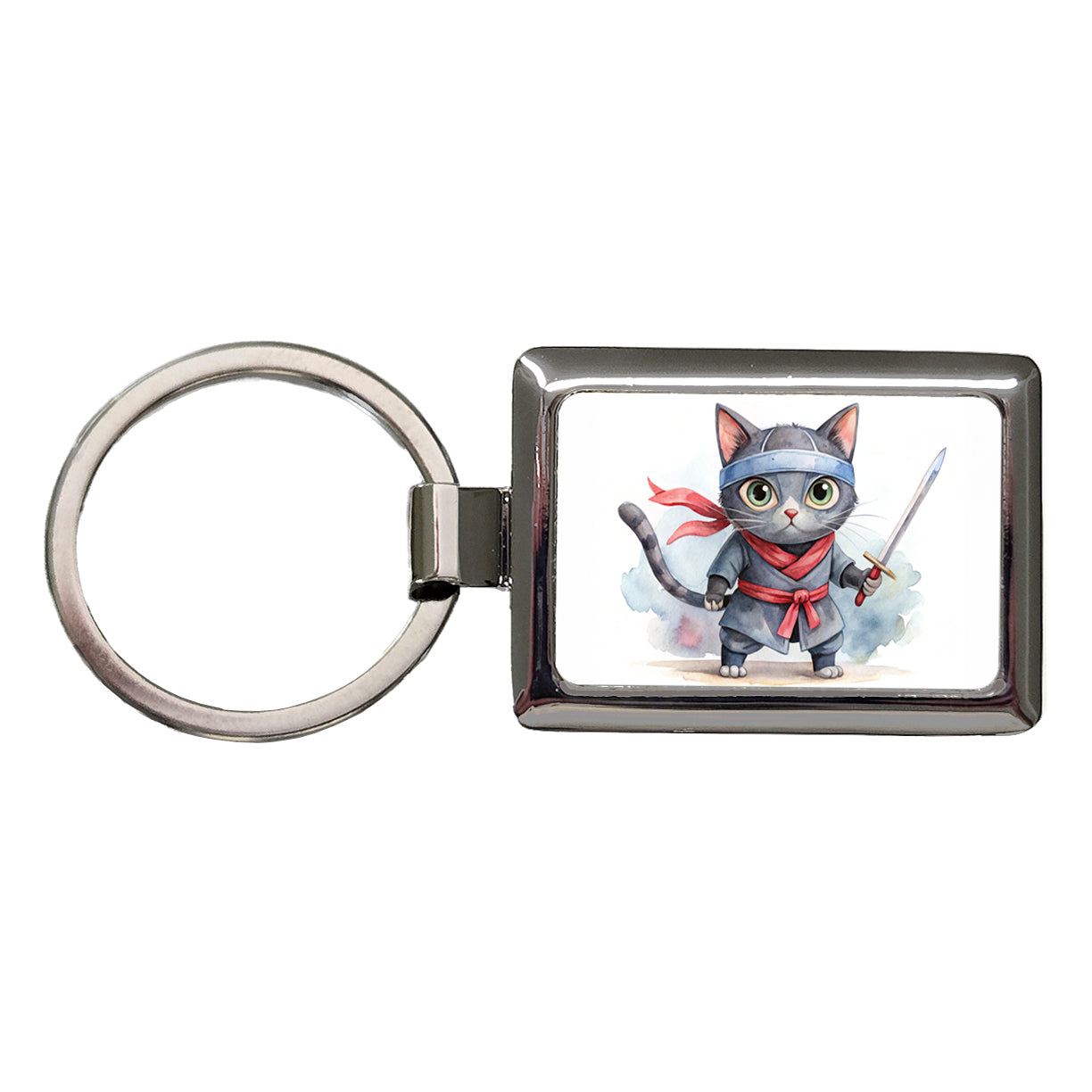 Ninja Cat Watercolor Rectangle Metal Keychain