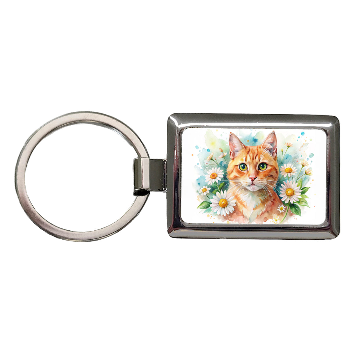 Orange Cat Watercolor Design With Daisies Rectangle Metal Keychain