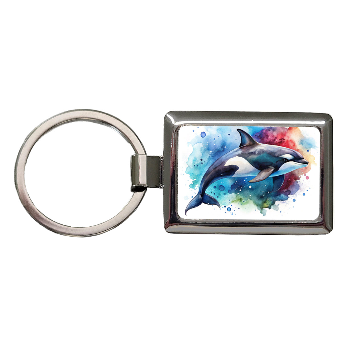Orca Whale Colorful Watercolor Design Rectangle Metal Keychain