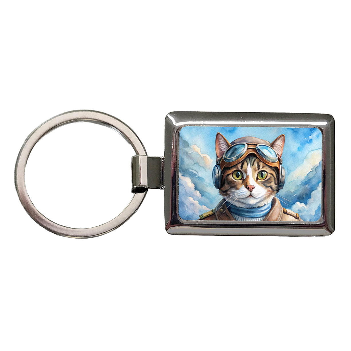 Pilot Cat Watercolor Rectangle Metal Keychain