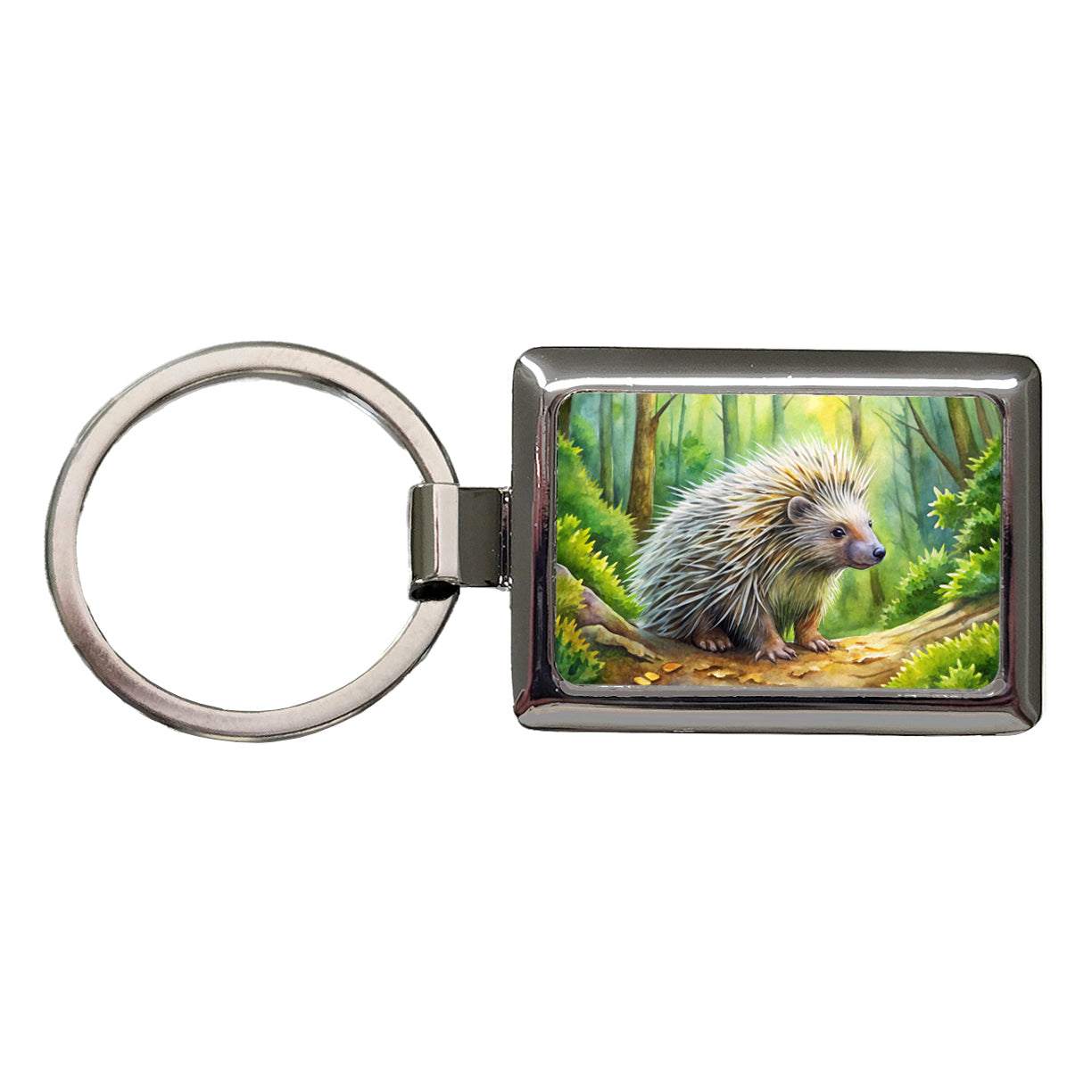 Porcupine In Forest Watercolor Rectangle Metal Keychain