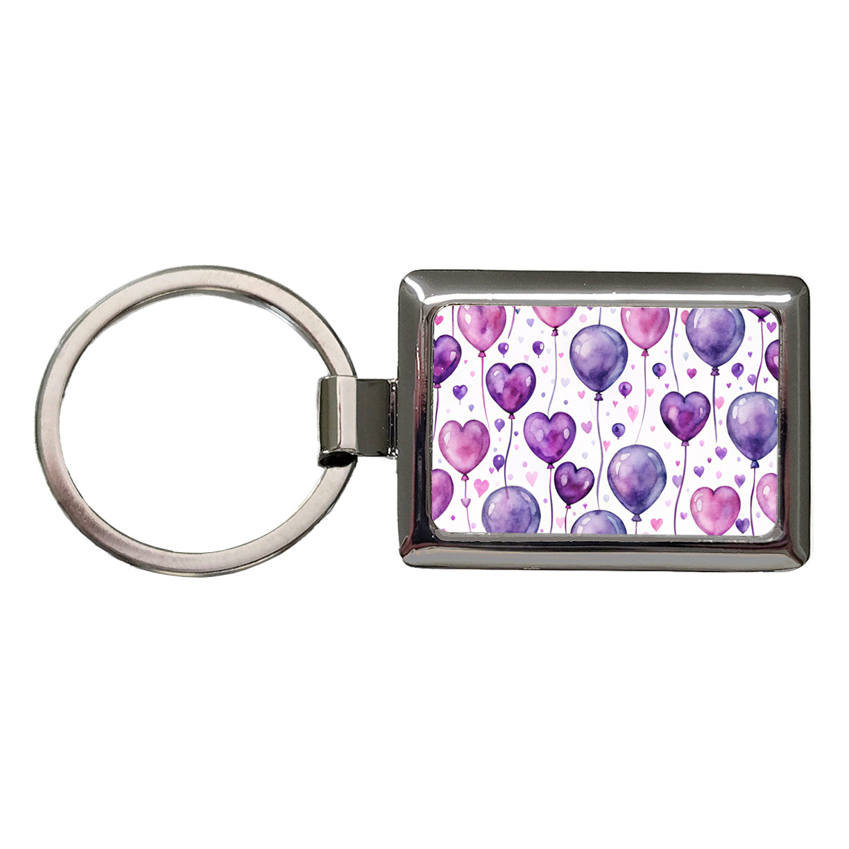 Purple Balloons Hearts Watercolor Birthday Rectangle Metal Keychain