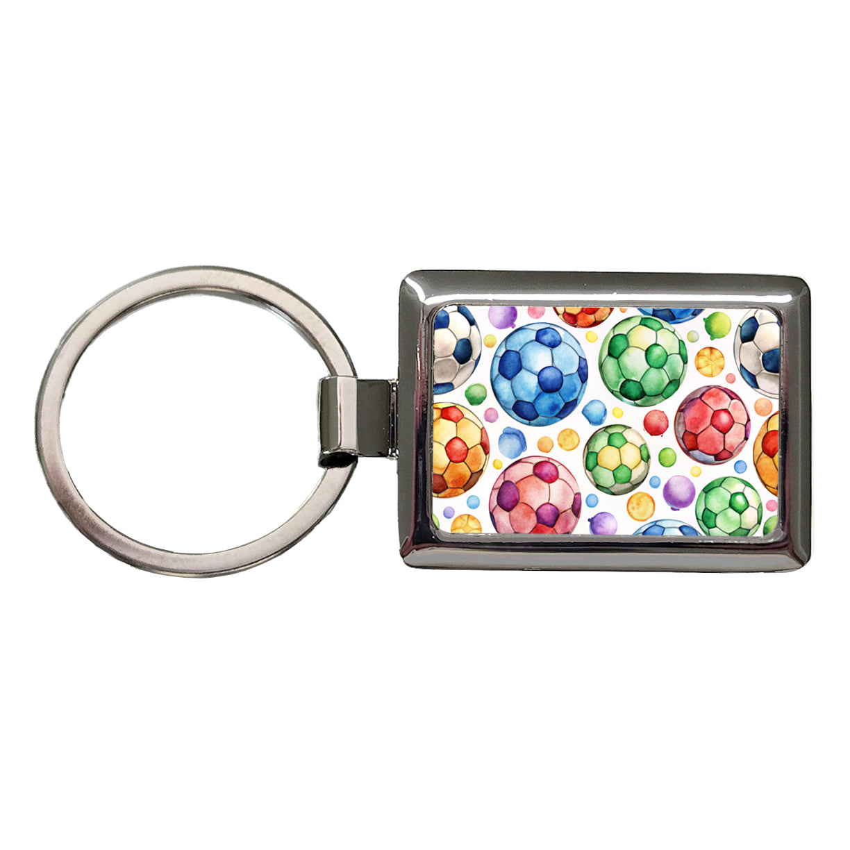 Rainbow Soccer Balls Watercolor Football Rectangle Metal Keychain