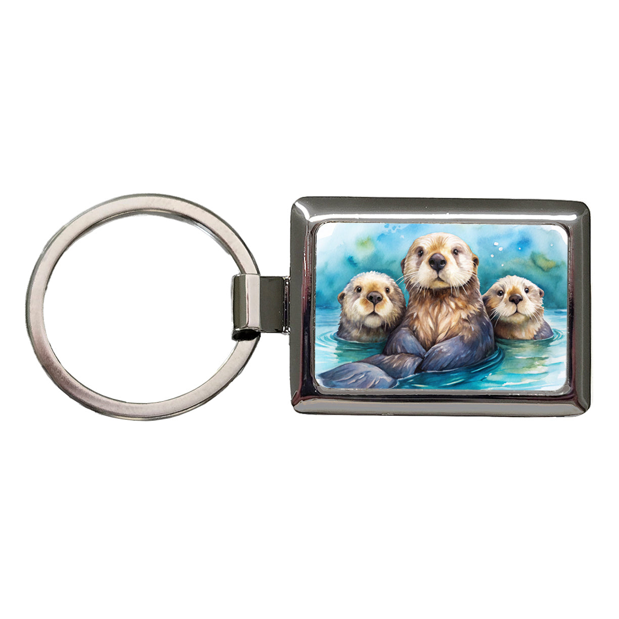 Sea Otters Watercolor Design Rectangle Metal Keychain