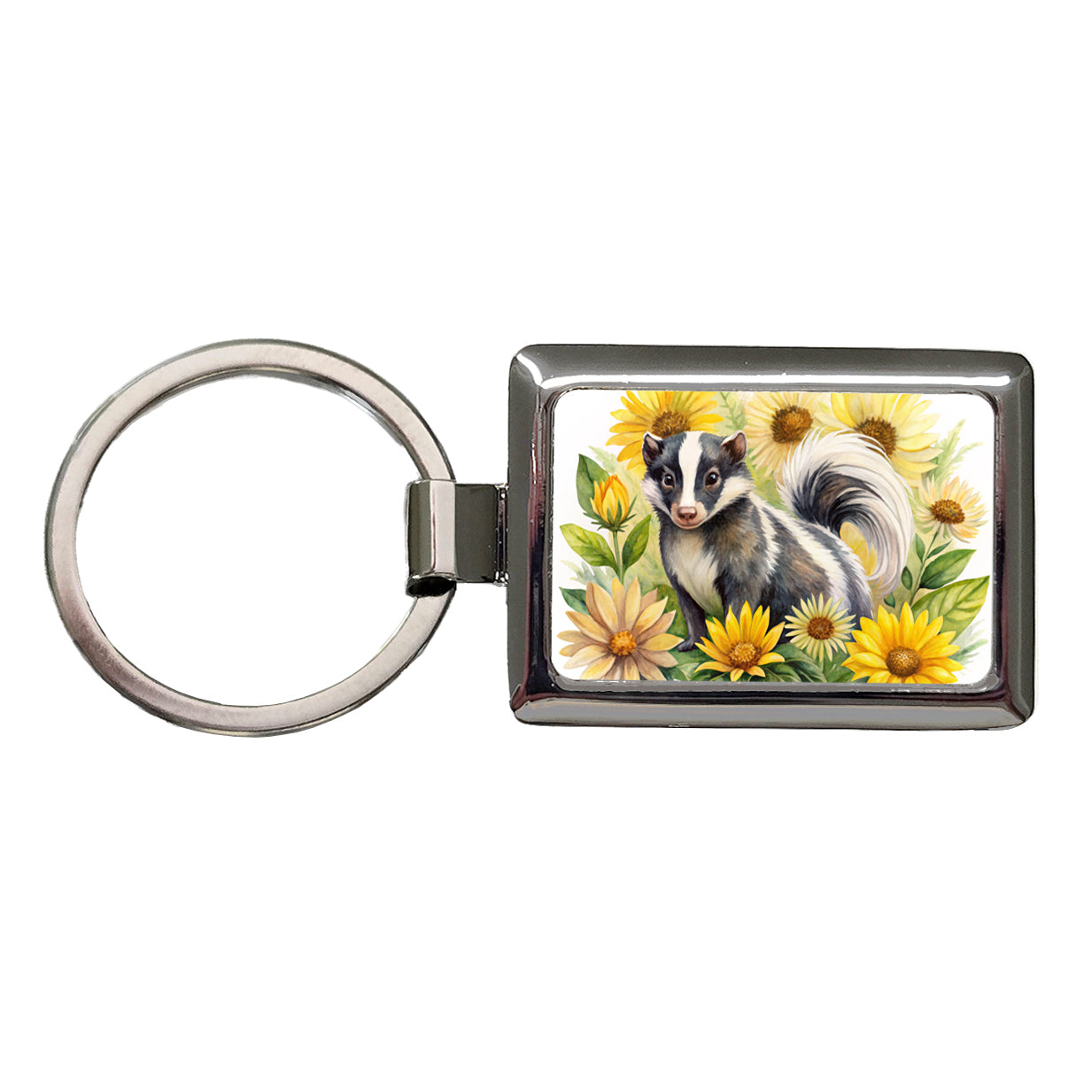 Skunk Watercolor Design With Sunflowers Rectangle Metal Keychain