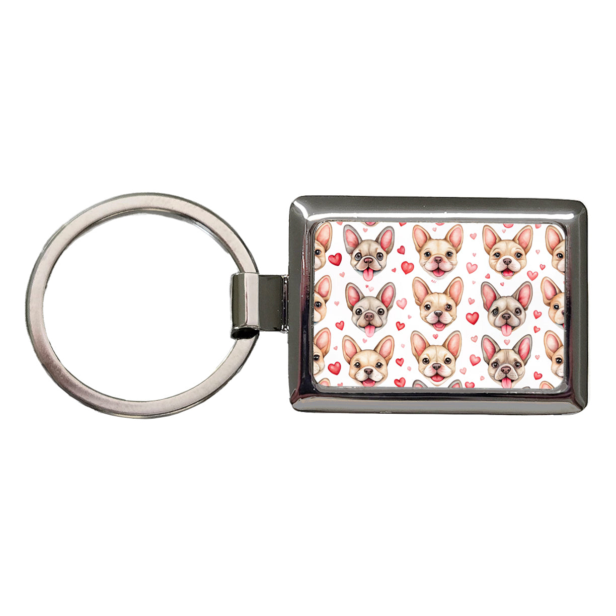 Smiling Cute French Bulldog Dog Faces Hearts Rectangle Metal Keychain