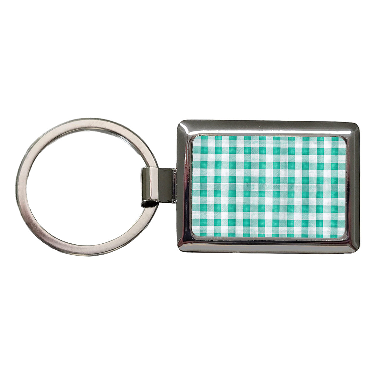 Teal White Gingham Watercolor Rectangle Metal Keychain