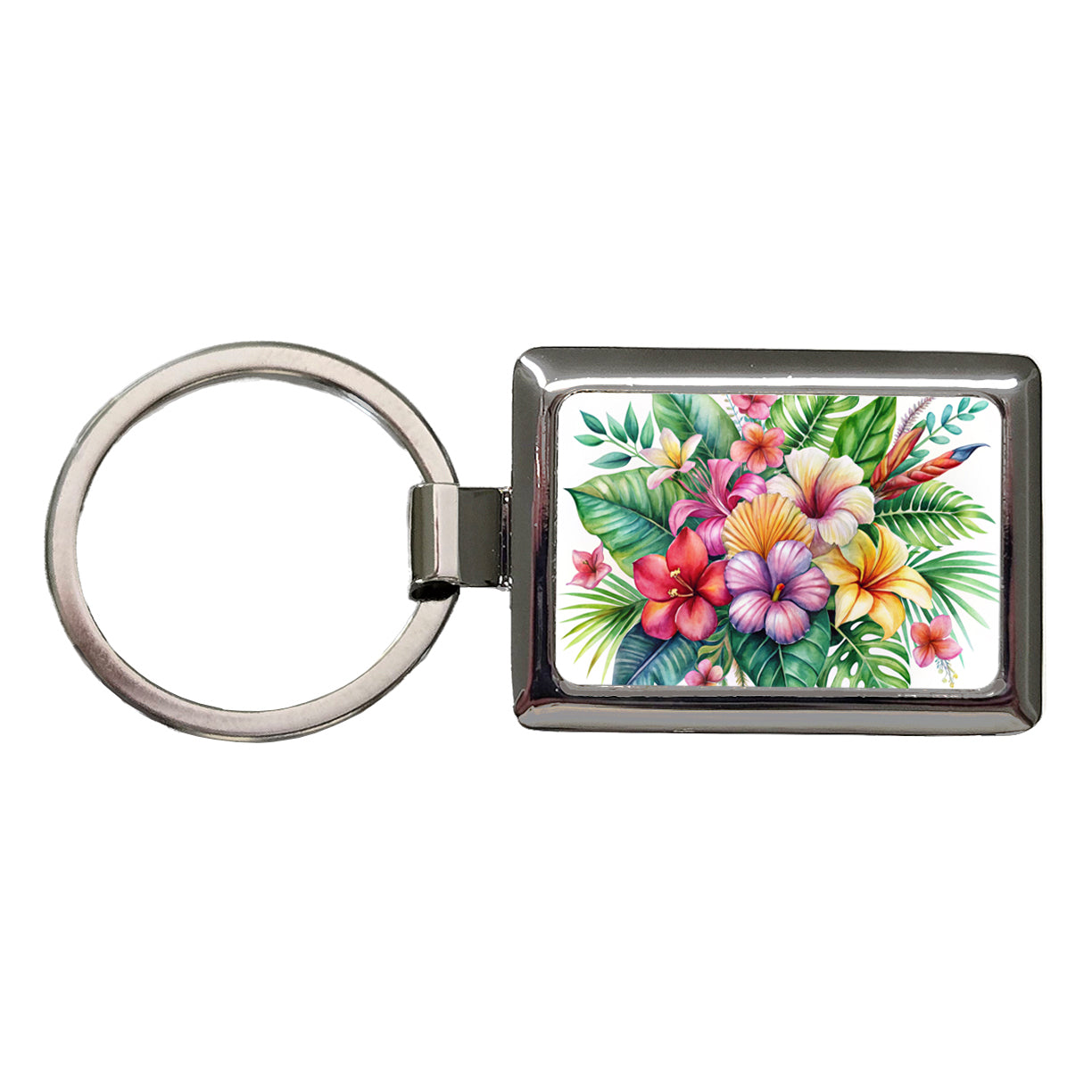 Tropical Flowers Watercolor Design Rectangle Metal Keychain