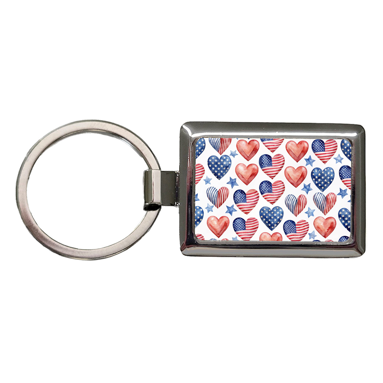 USA American Flags Hearts 4th of July Patriotic Watercolor Rectangle Metal Keychain