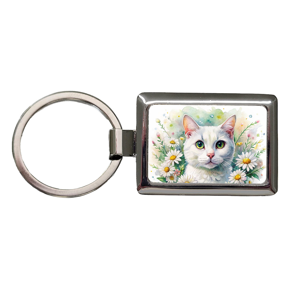 White Cat Watercolor Design With Daisies Rectangle Metal Keychain