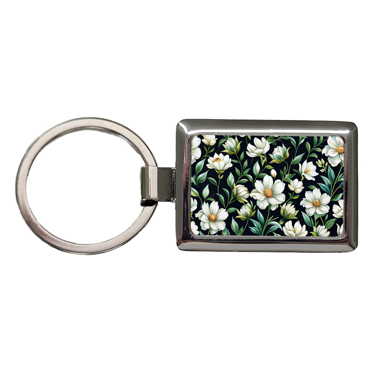 White Flowers Black Background Rectangle Metal Keychain