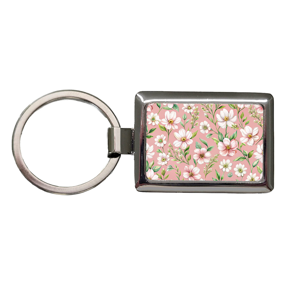 White Flowers Pink Background Rectangle Metal Keychain