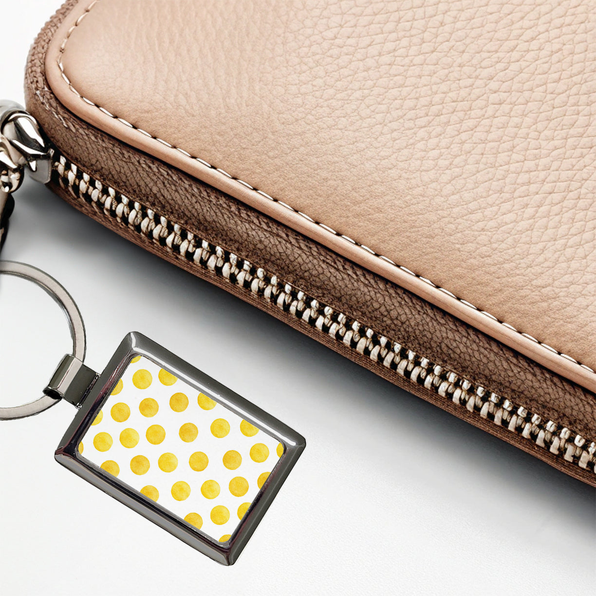 Yellow Polka Dots White Background Rectangle Metal Keychain