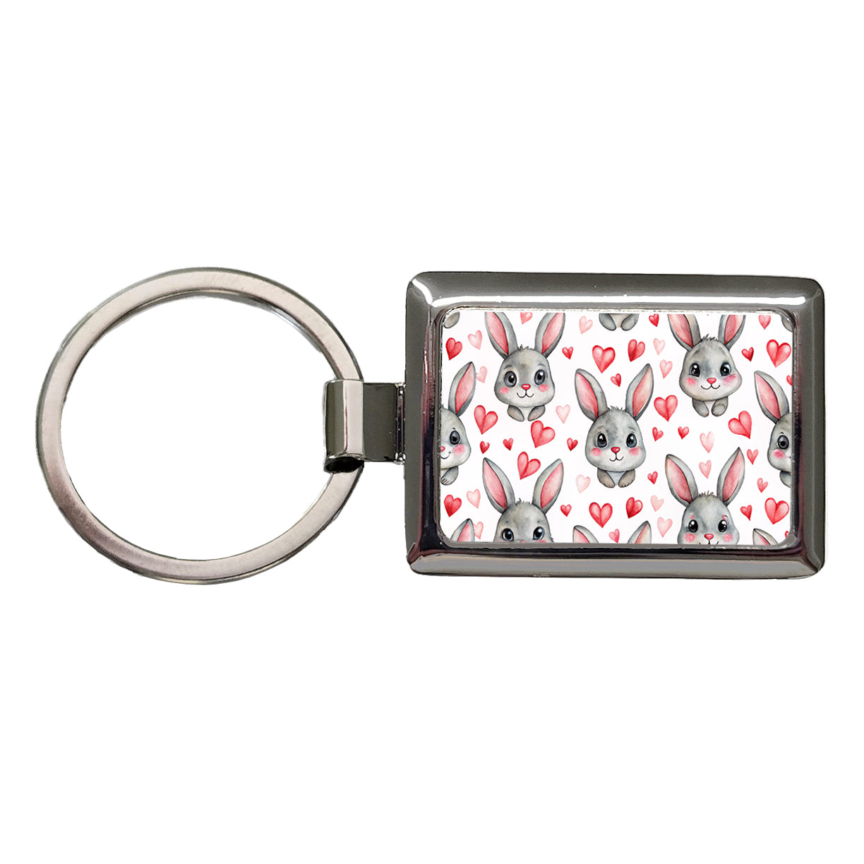Adorable Gray Bunnies And Hearts Rectangle Metal Keychain