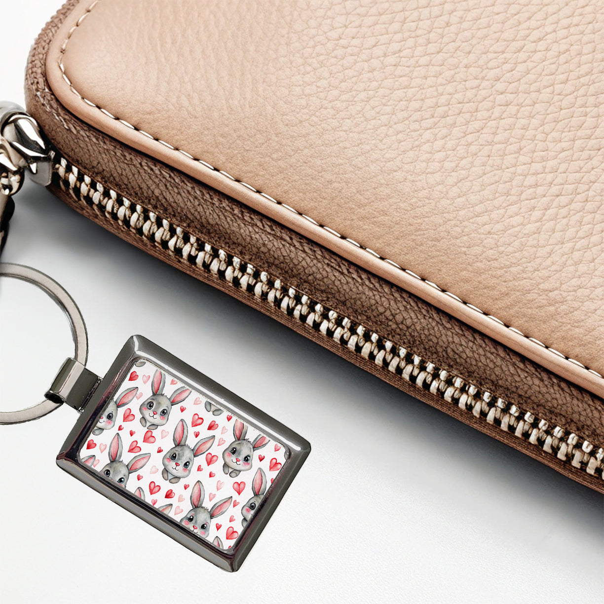 Adorable Gray Bunnies And Hearts Rectangle Metal Keychain